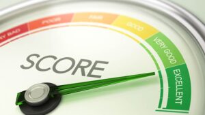 Illustration of credit score meter indicating a good credit rating"