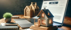 Laptop open on a desk displaying a home, alongside a notebook, symbolizing the planning of buying a home.