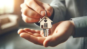 Hands holding house keys with a home-shaped keychain, symbolizing first-time homeownership, against a blurred home background.