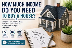 Infographic explaining how much income you need to buy a house, including income, debt, and mortgage affordability concepts