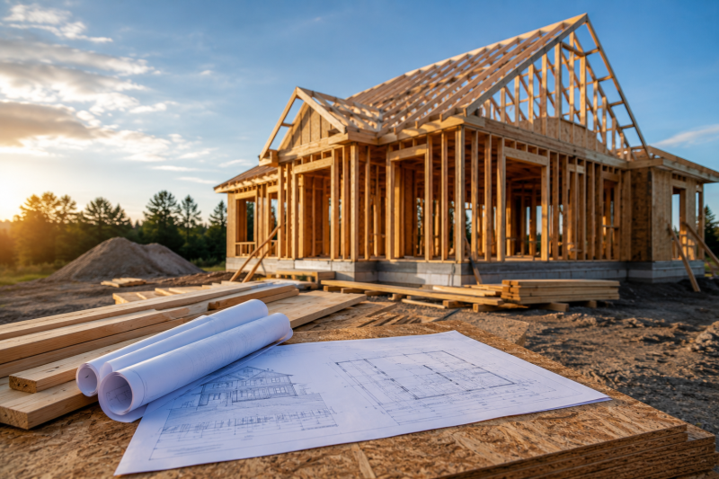 Framed custom home under construction with building plans and lumber at a residential construction site.