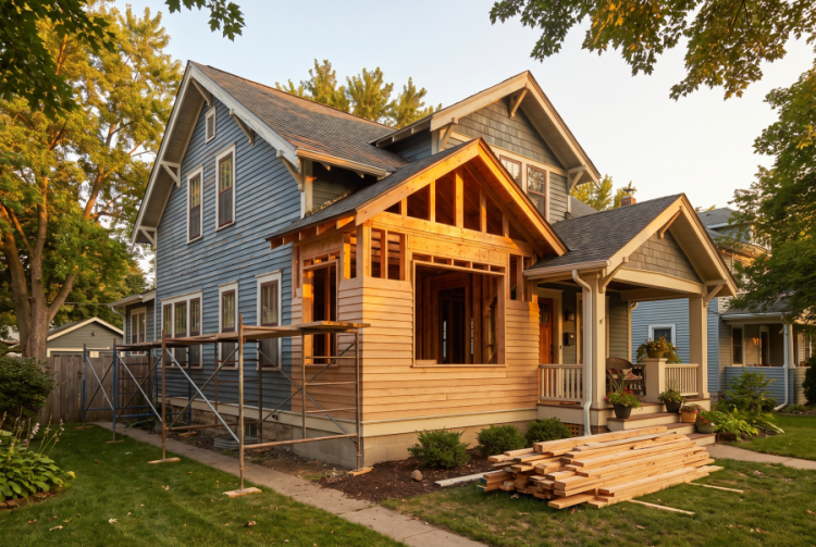 Home exterior mid-renovation at sunset representing the process of financing a fixer-upper with a HomeStyle Renovation loan
