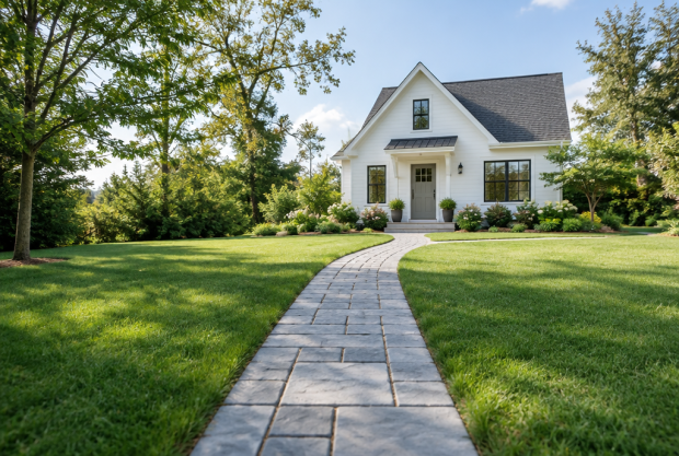 Small model home at the end of a stone path that runs straight and then curves, representing the fixed and adjustable periods of an adjustable rate mortgage